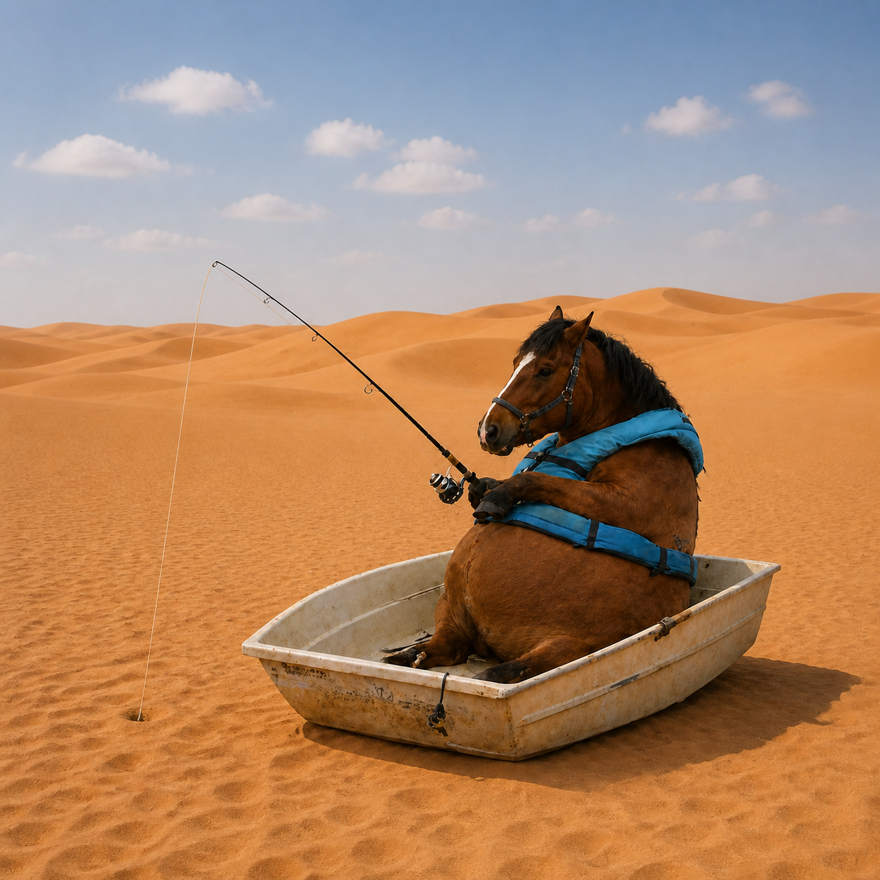 Dune Horse fishing from a boat surrounded by desert dunes